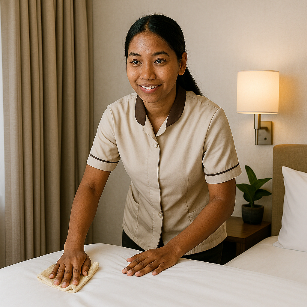 日本のホテルで客室清掃をしている東南アジ